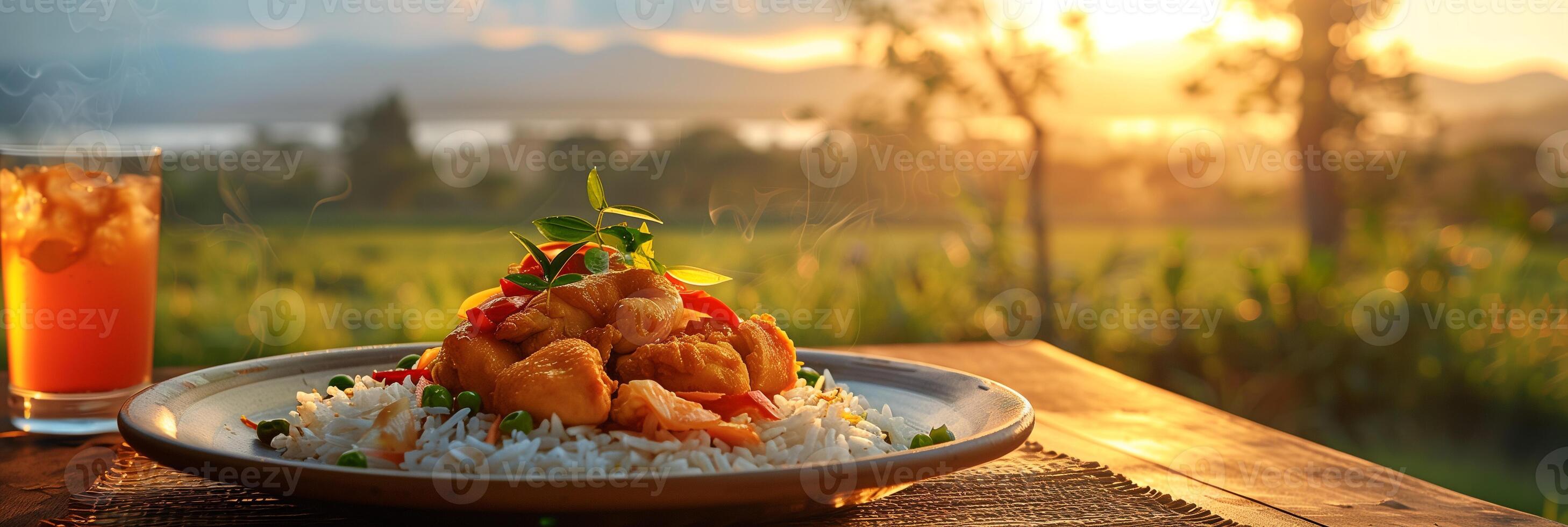 Ultra-realistic photo of a plate of rice with chicken on a wooden table, farm background with grassy plain and trees, warm light, photography