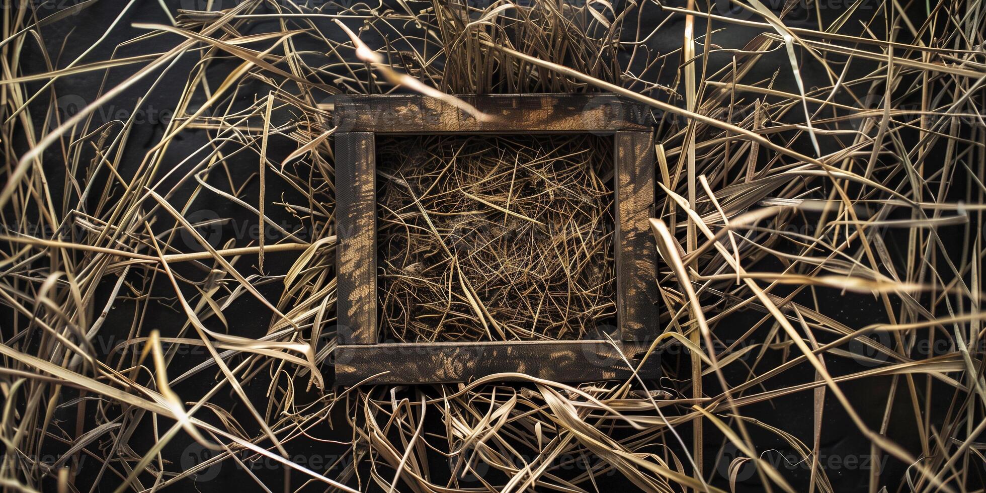 Angular arrangement of dried grasses and twigs forming geometric patterns within a square frame, photo
