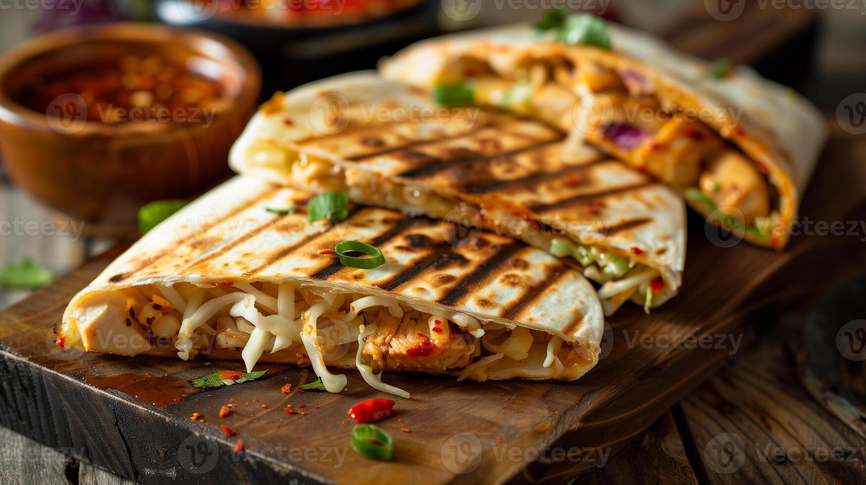 Asian-inspired quesadilla with hoisin chicken shredded cabbage melted mozzarella and sweet chili dipping sauce, photorealistic photo