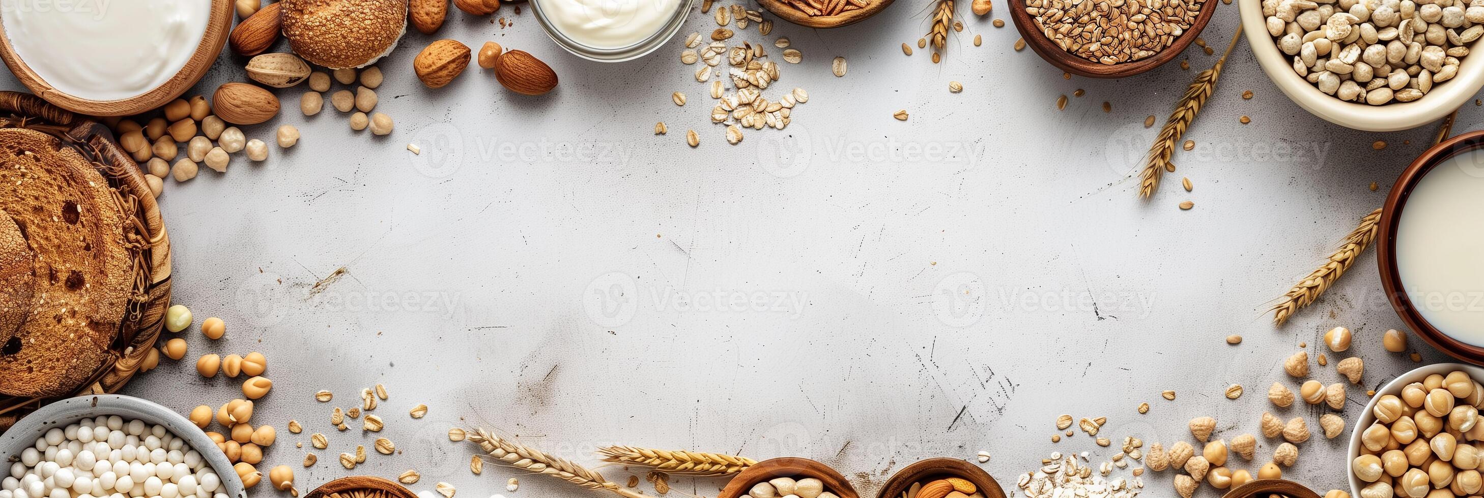 Background of dairy products and cereals in a circle with empty middle and space, picture photo