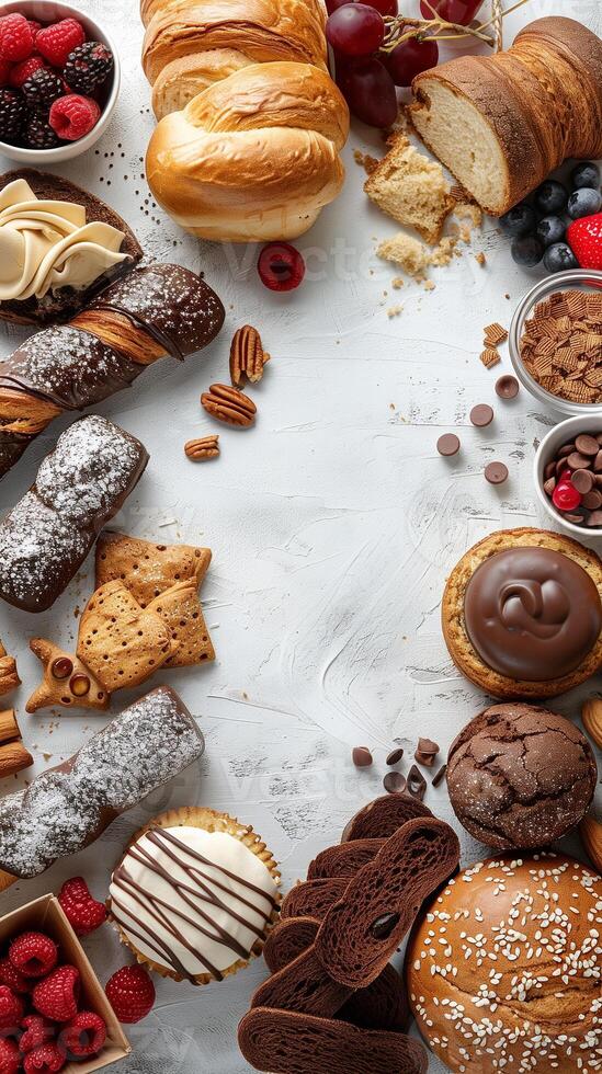 Bakery items arranged in the corner, isolated on a white background, picture photo