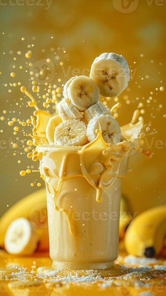 Banana slices milkshake splashing with banana slices, yellow and orange milk background, photorealistic photo