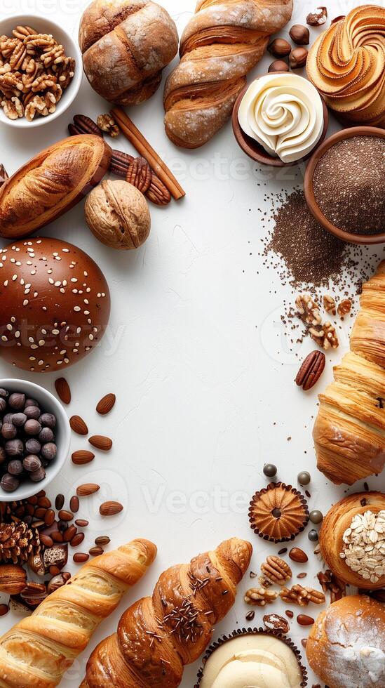 Bakery items arranged in the corner, isolated on a white background, photo