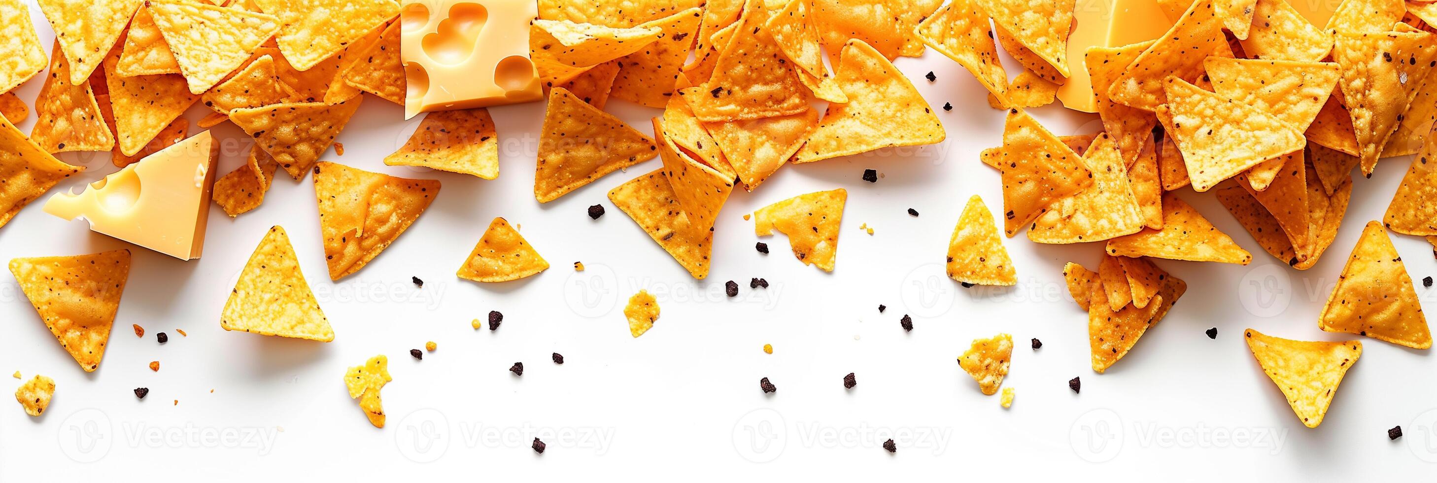 Cheddar cheese chunks and tortilla chips falling on white background, picture photo