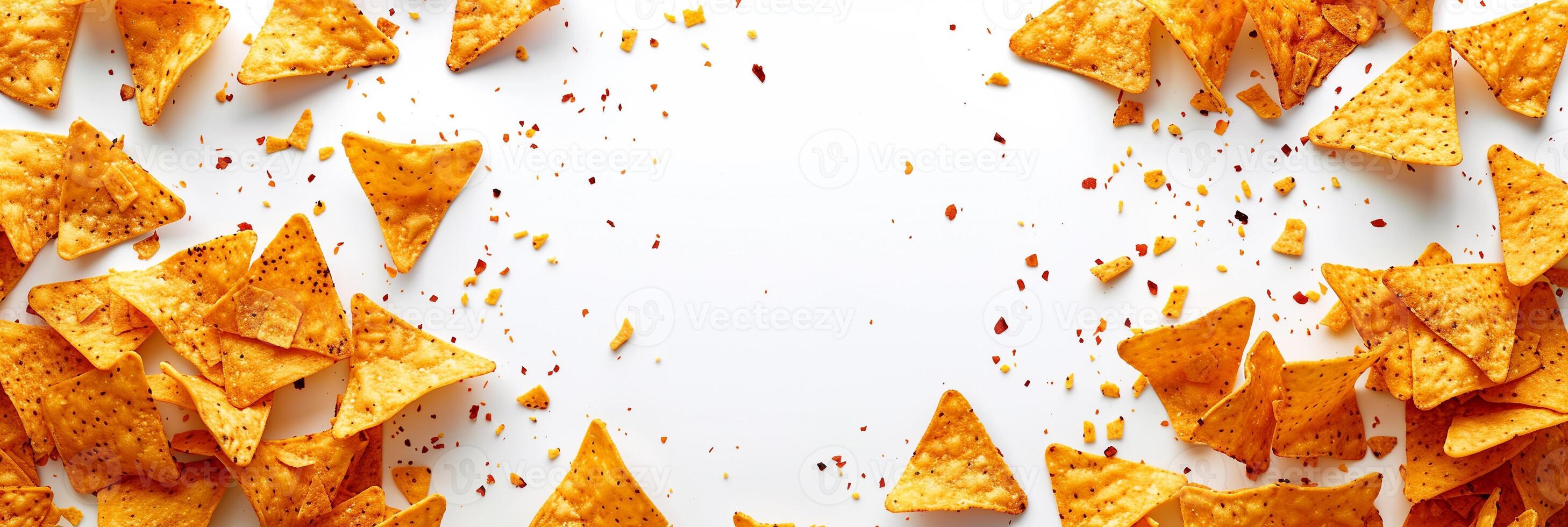 Cheddar cheese chunks and tortilla chips falling on white background, photography photo