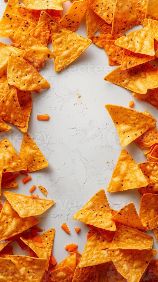 Cheddar cheese chunks and tortilla chips falling on white background, photorealistic photo