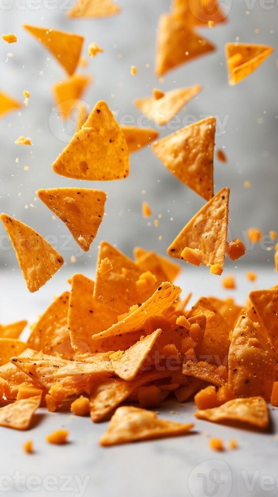 Cheddar cheese chunks and tortilla chips falling on white background, photo
