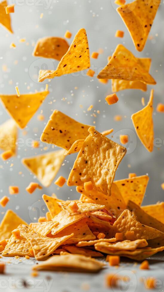 Cheddar cheese chunks and tortilla chips falling on white background, photorealistic photo