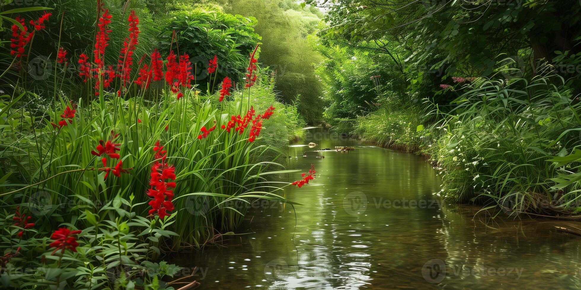 Bright red cardinal flowers blooming alongside a tranquil, meandering stream surrounded by dense greenery, picture photo