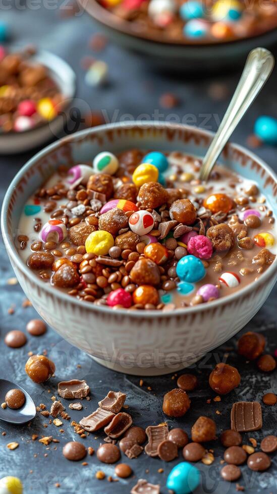 Candy bar cereal with milk in a cereal bowl and spoon, photography photo