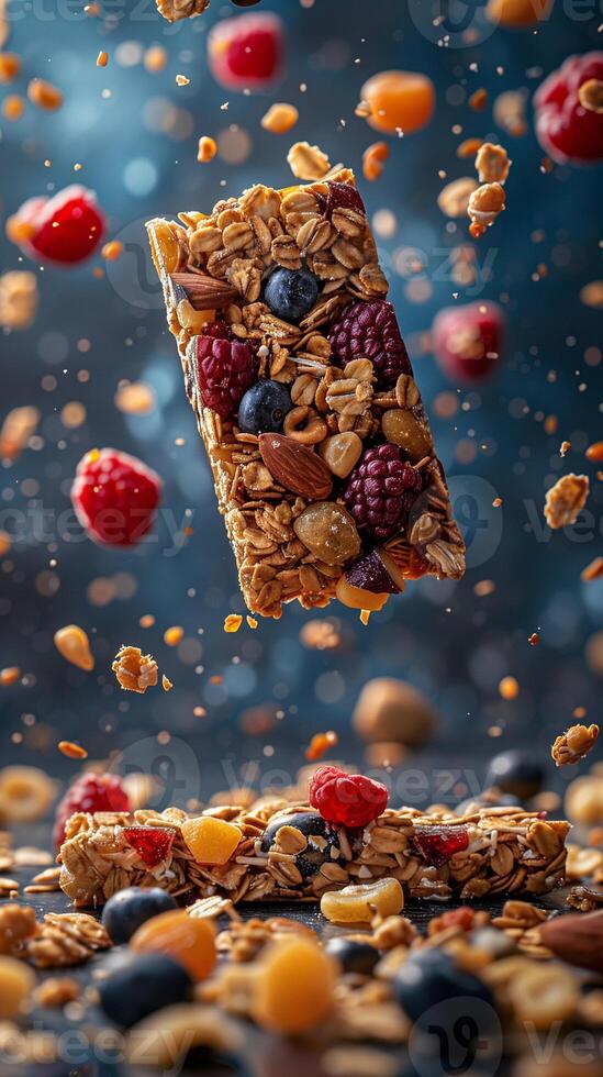 Close-up of granola bars and fruit falling, picture photo