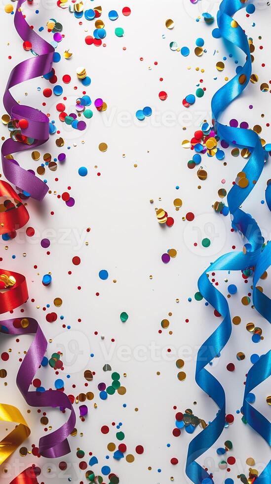 Carnival decorations on a white surface with a big empty space in the center, top-down view, photorealistic photo