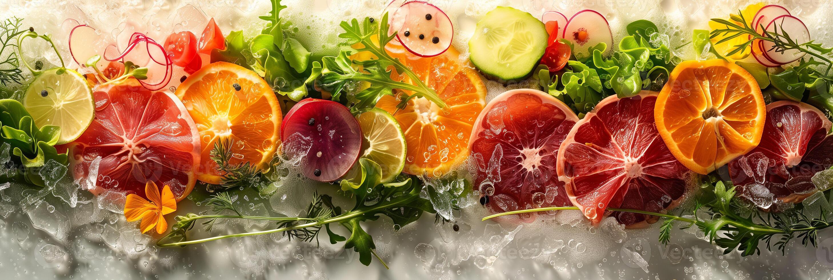 Landscape made from food, vegetables, and meat, minimal, sunny, bright, photorealistic photo
