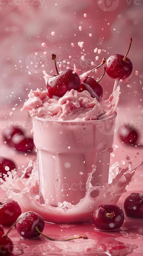 Cherry milkshake splashed with cherries, pink and red milk background splashes, photography photo