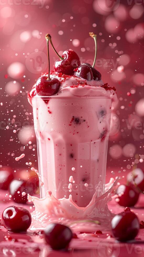 Cherry milkshake splashed with cherries, pink and red milk background splashes, photorealistic photo
