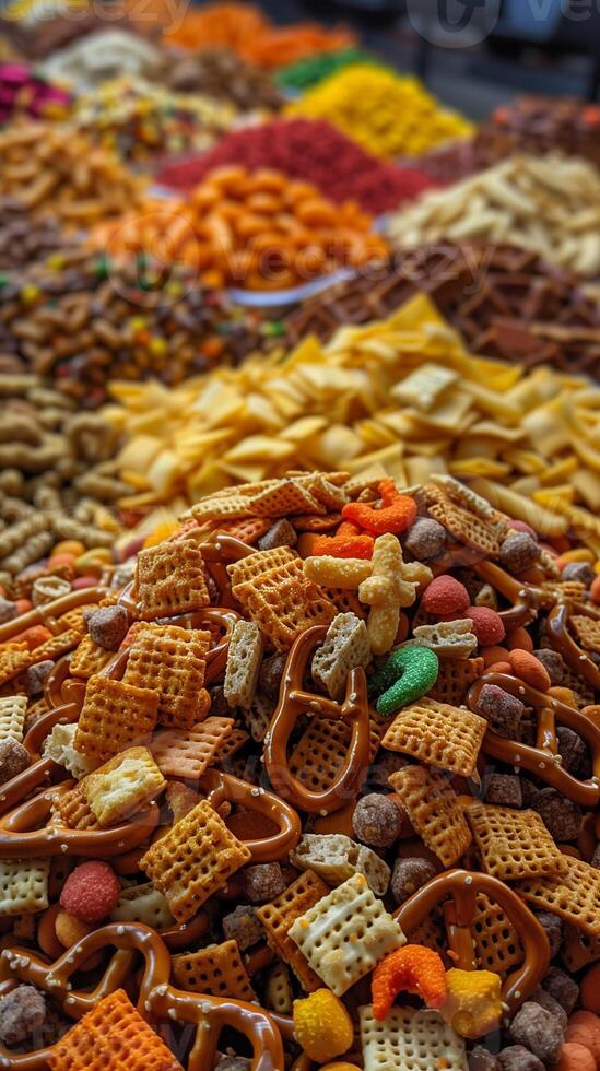 Mix of Chex mix, pretzels, goldfish crackers, photo