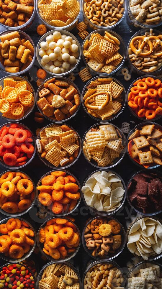 Mix of Chex mix, pretzels, goldfish crackers, picture photo