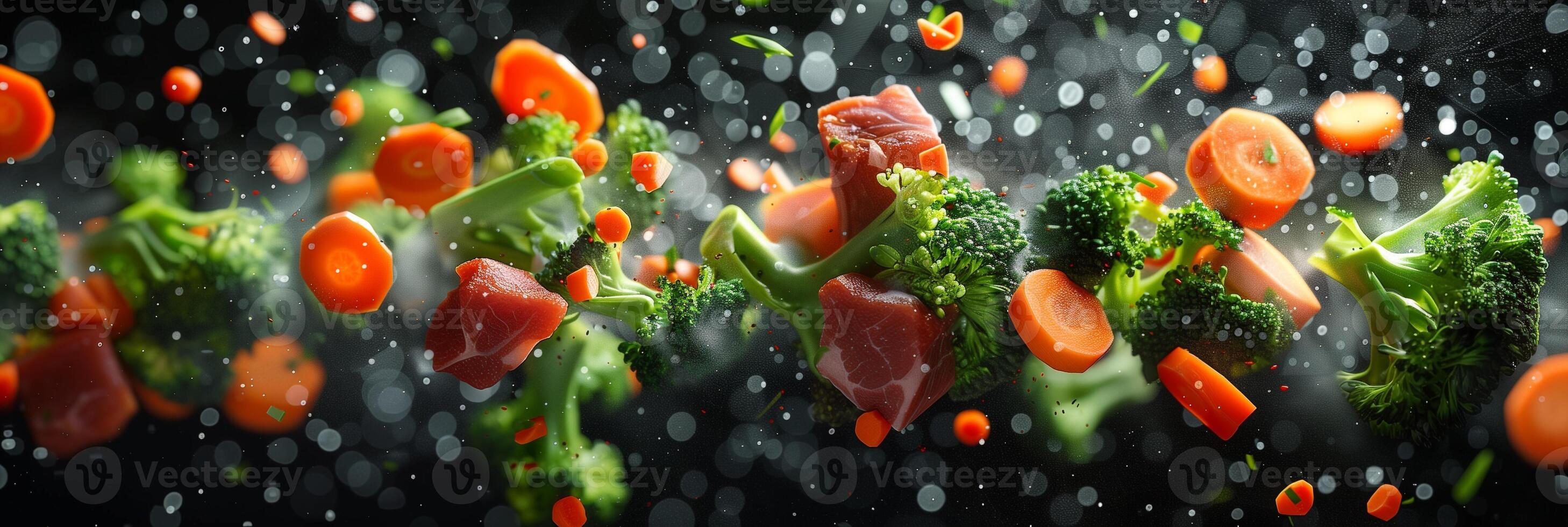 Cinematic low-angle shot of carrots, broccoli, and red meat pieces flying against a black background, photo