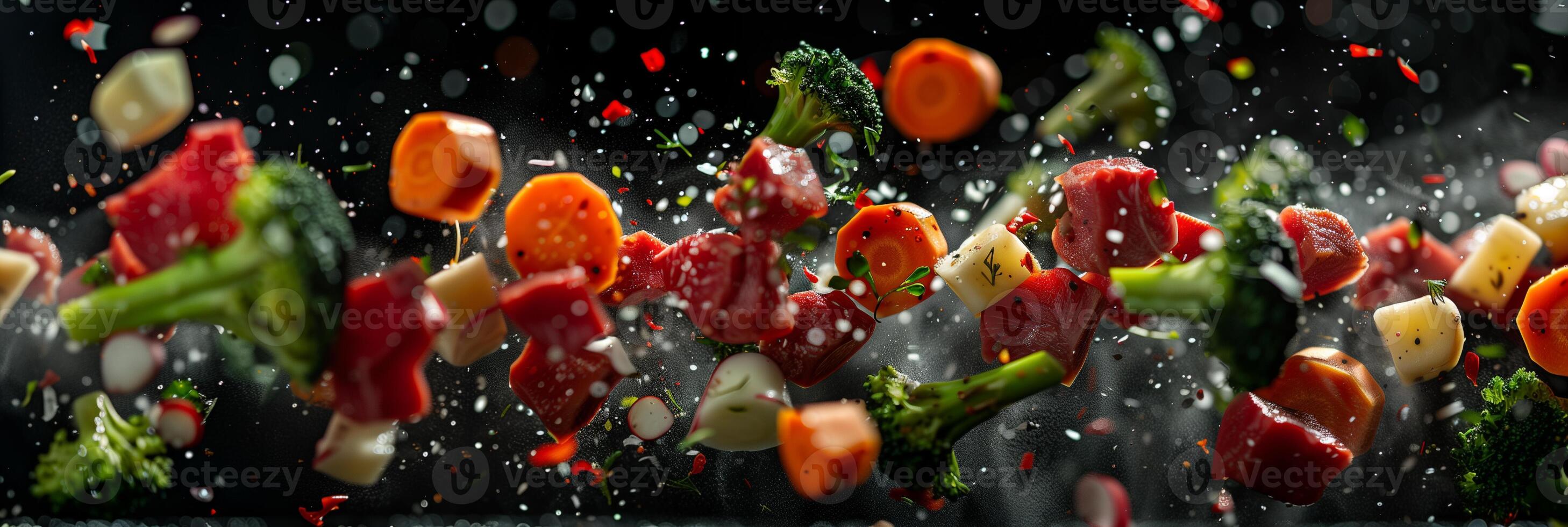 Cinematic low-angle shot of carrots, broccoli, and red meat pieces flying against a black background, photography photo