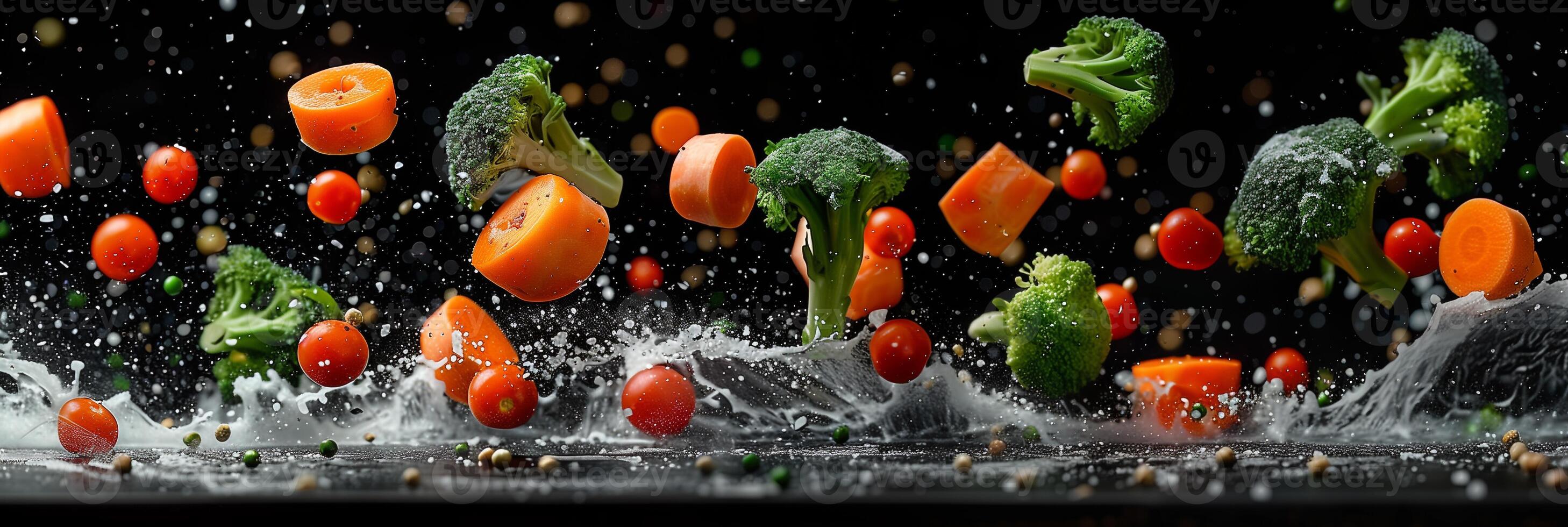 Cinematic low-angle shot of carrots, broccoli, and red meat pieces flying against a black background, photorealistic photo