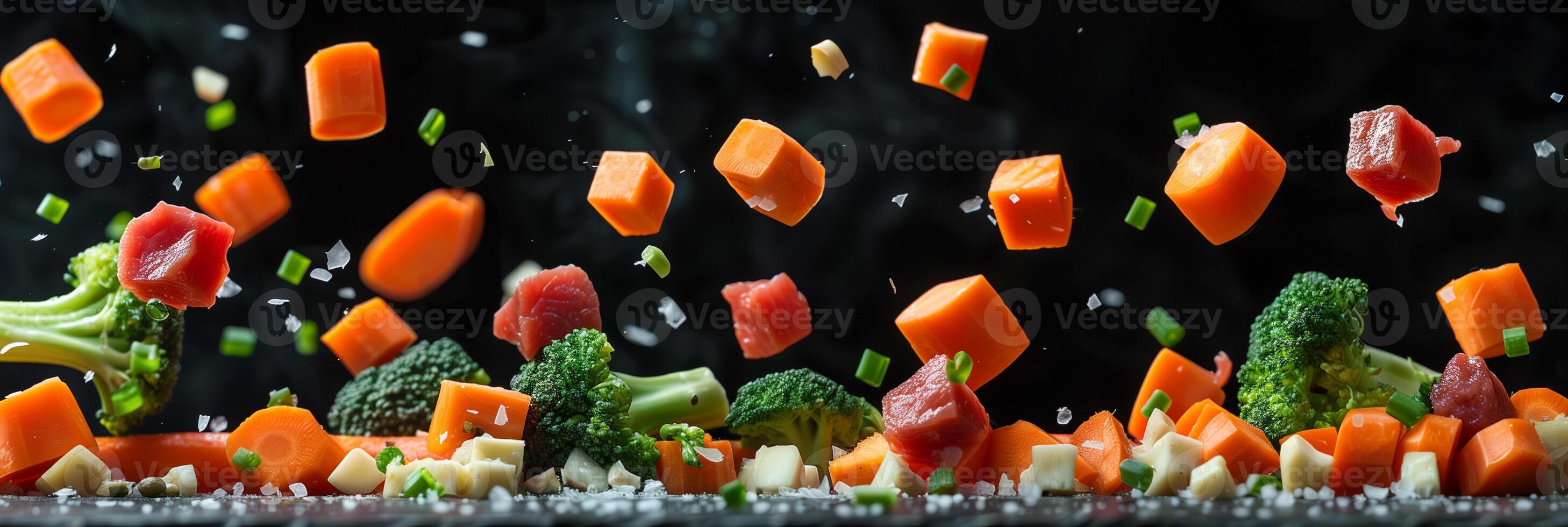 Cinematic low-angle shot of carrots, broccoli, and red meat pieces flying against a black background, picture photo