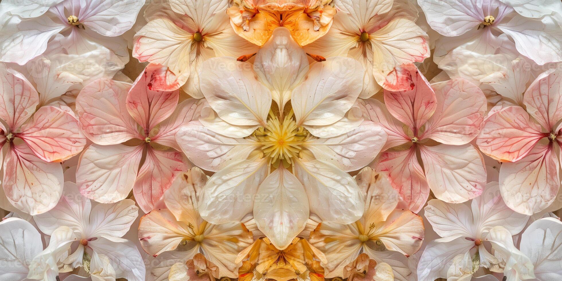 Close-up of pressed floral composition with delicate petals and leaves in symmetric pattern, photo