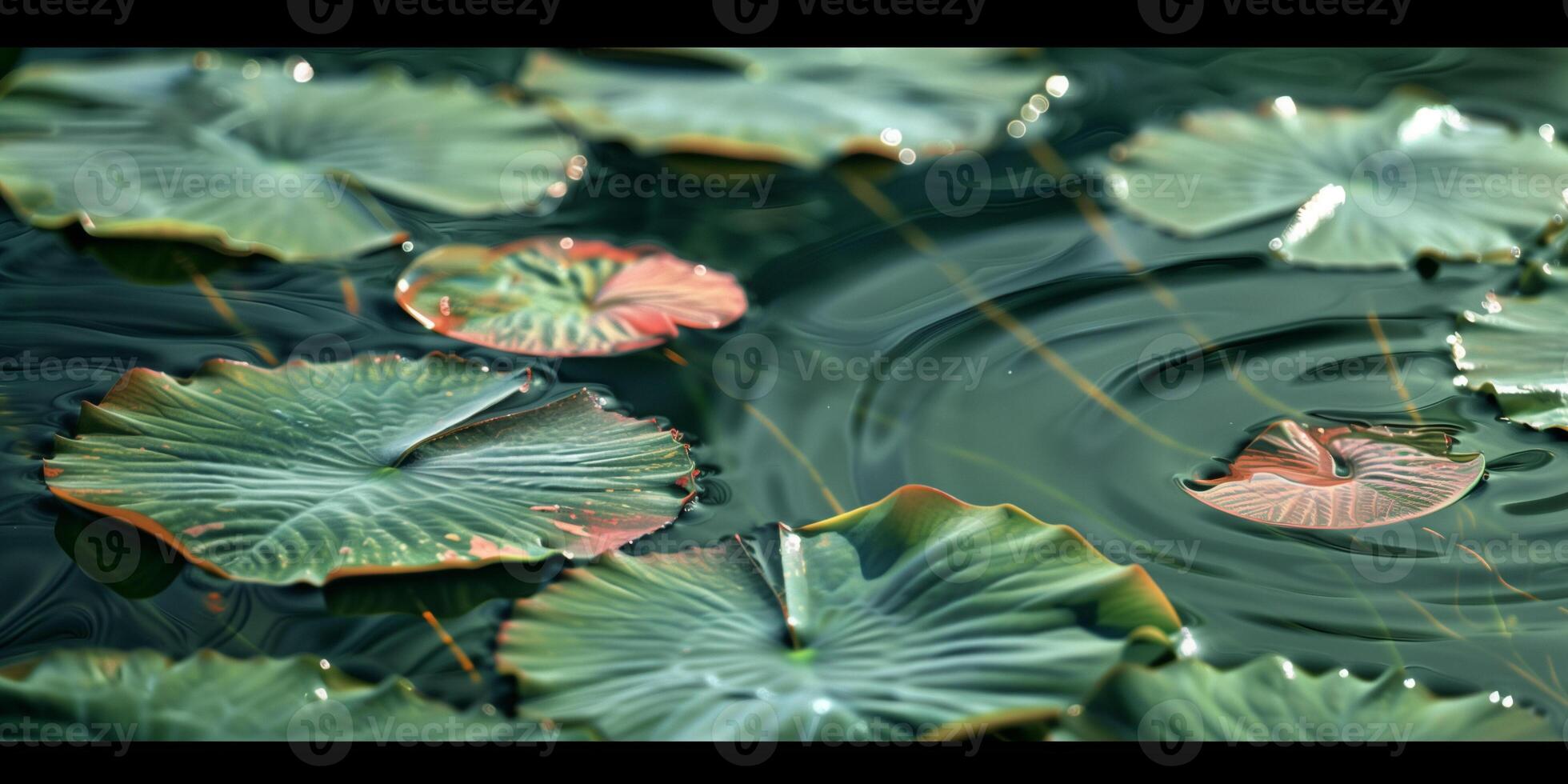 Flat, ribbon-like leaves arranged in fan-like pattern beneath water's surface, photorealistic photo