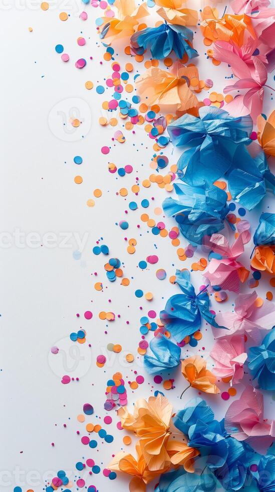 Top view of white invitation paper mockup with gold and blue party accessories and confetti, photography photo