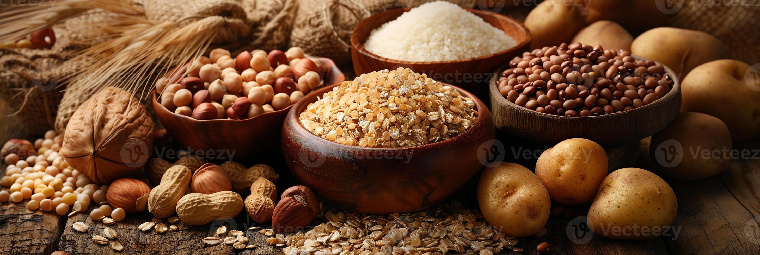 Beans, whole grains, nuts, seeds, and potatoes with a field background, photorealistic photo
