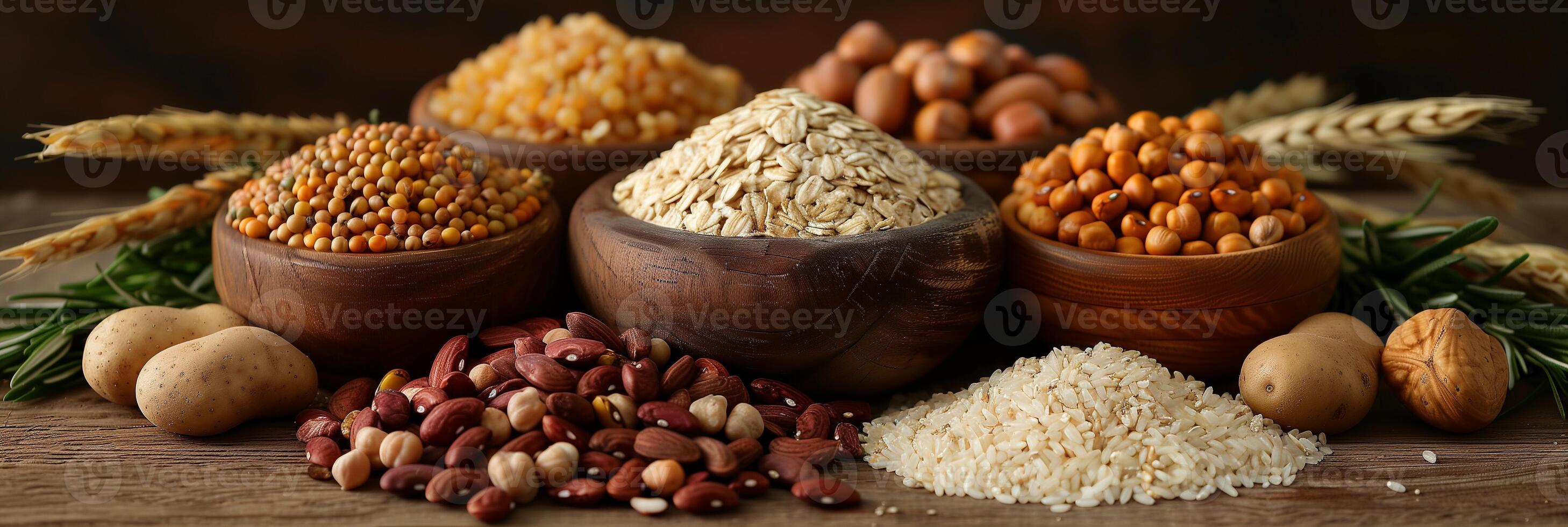 Beans, whole grains, nuts, seeds, and potatoes with a field background, photography photo