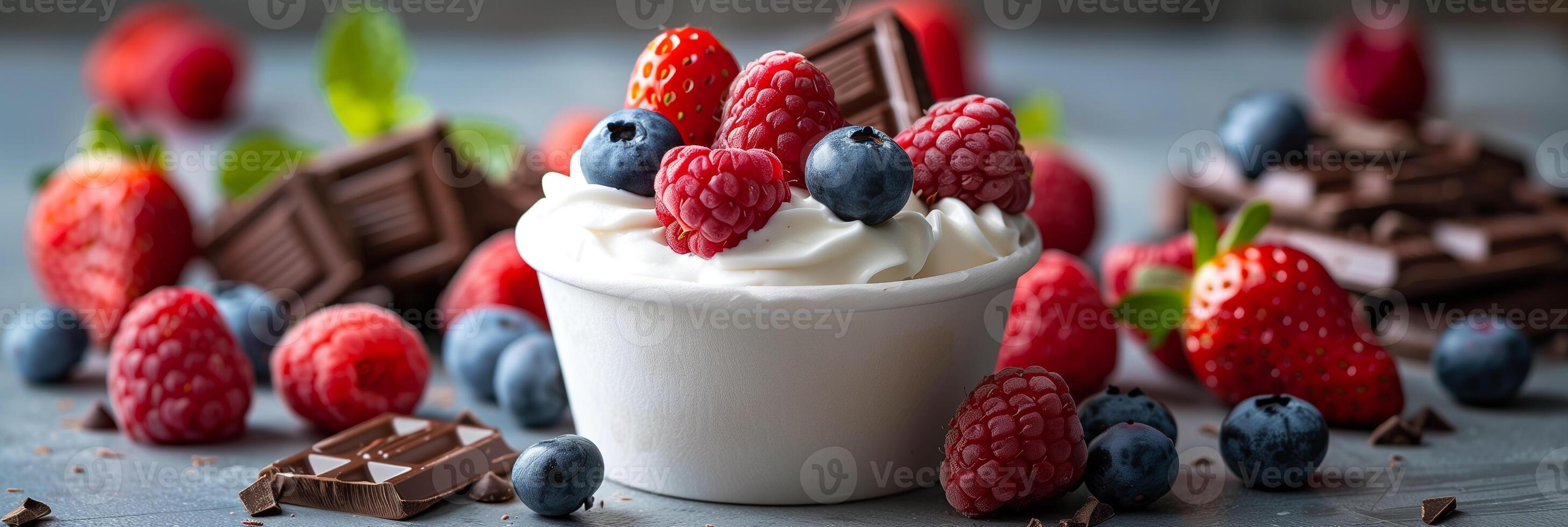 Frozen Yogurt cup filled with blueberries, strawberries, pirouline on top, top-down view, white background, fresh fruits and chocolates surrounding, photo