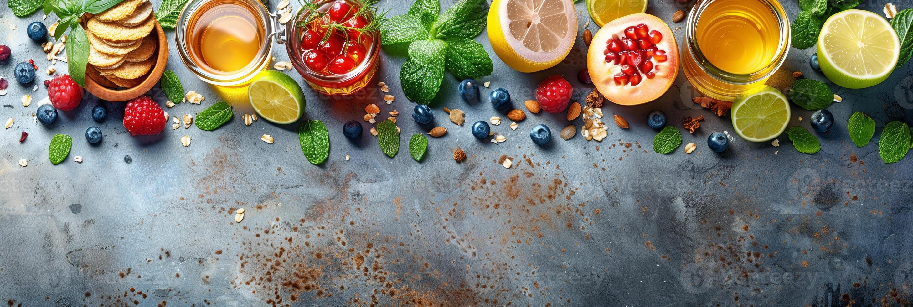 Concept of healthy food and drinking regimen, top view with copy space, photorealistic photo