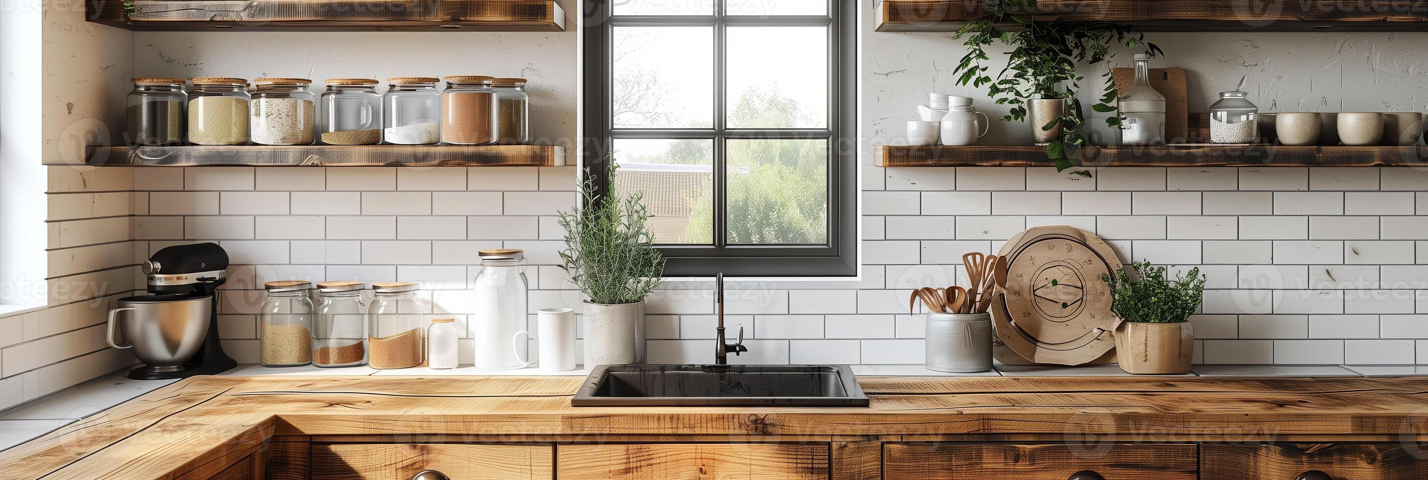 Cottage farmhouse kitchen with an empty wall for mockup frame art, front view, photo