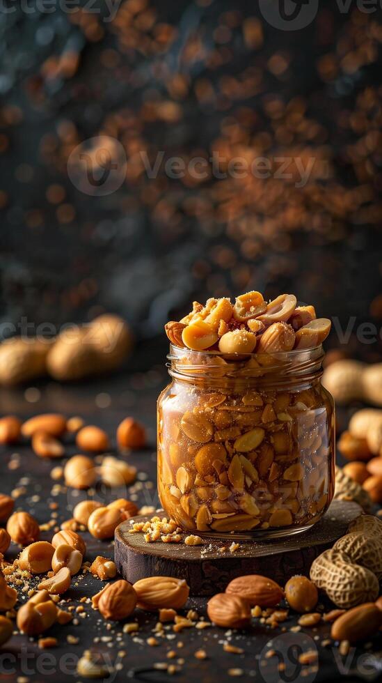 Jar of peanut praline off-center, surrounded by peanuts on dark textured background, photorealistic photo
