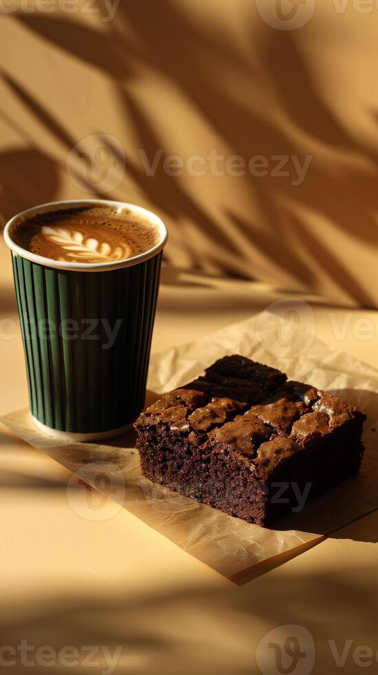 Brownie with black Americano in dark green kraft cup, studio-like background, bright, picture photo