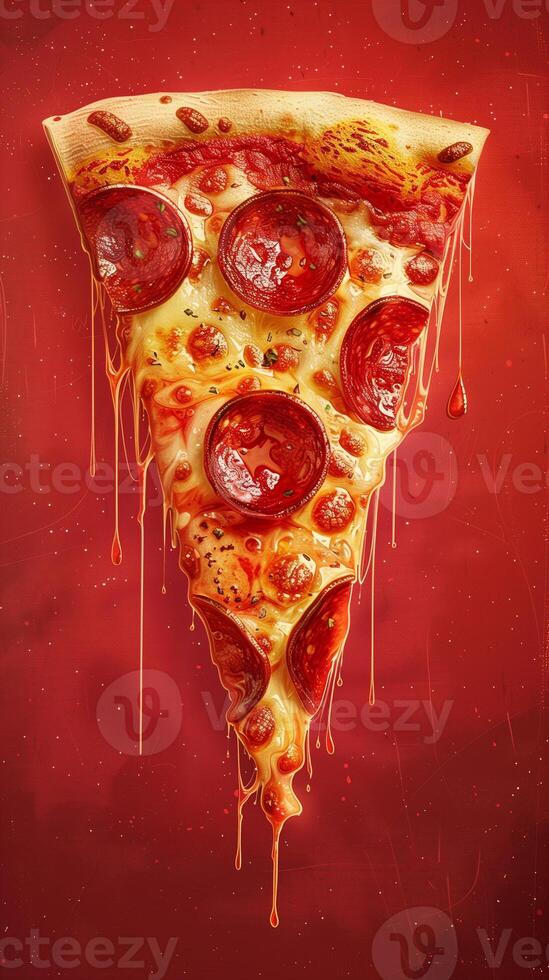 Classic New York-style pepperoni pizza on red gradient background, photorealistic photo