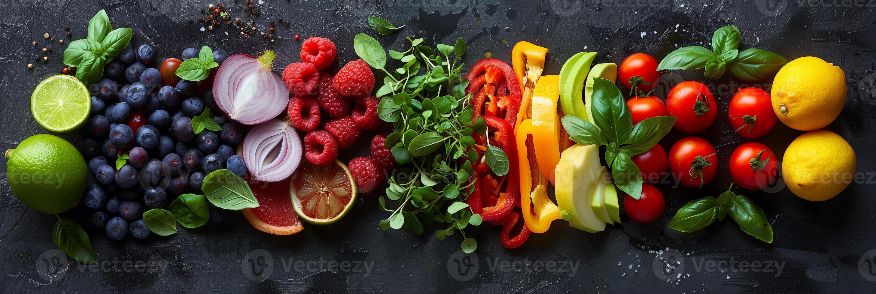 Artistic arrangement of fresh ingredients highlighting variety of colors and textures, picture photo