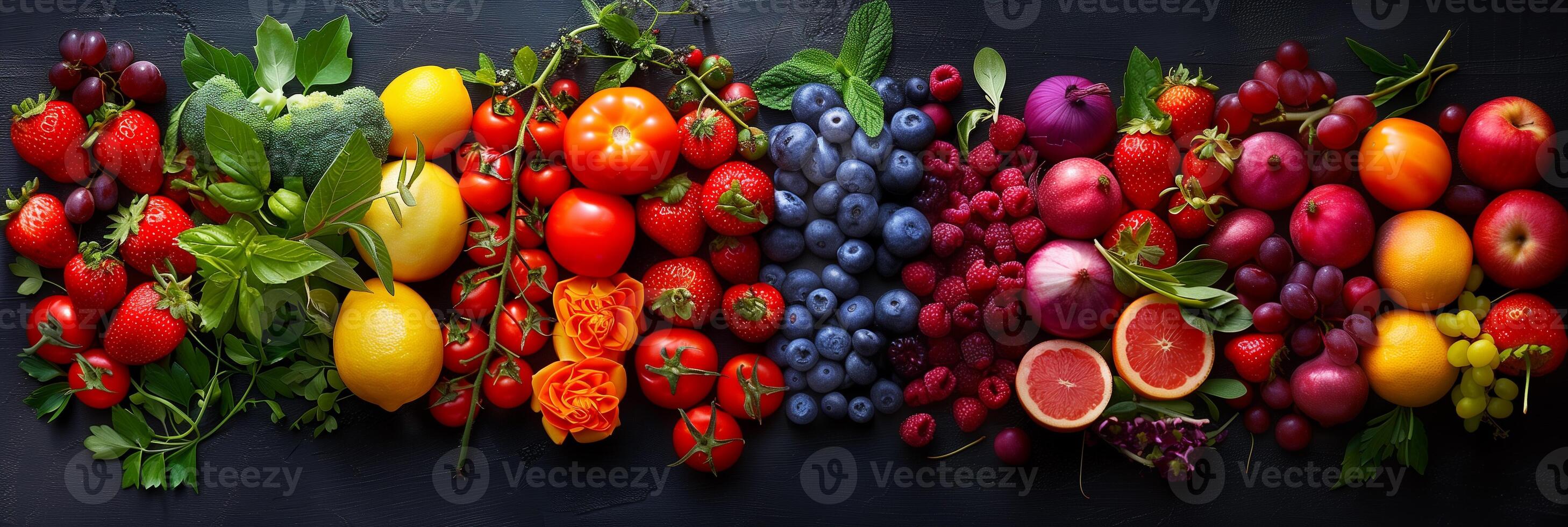 Artistic arrangement of fresh ingredients highlighting variety of colors and textures, photo