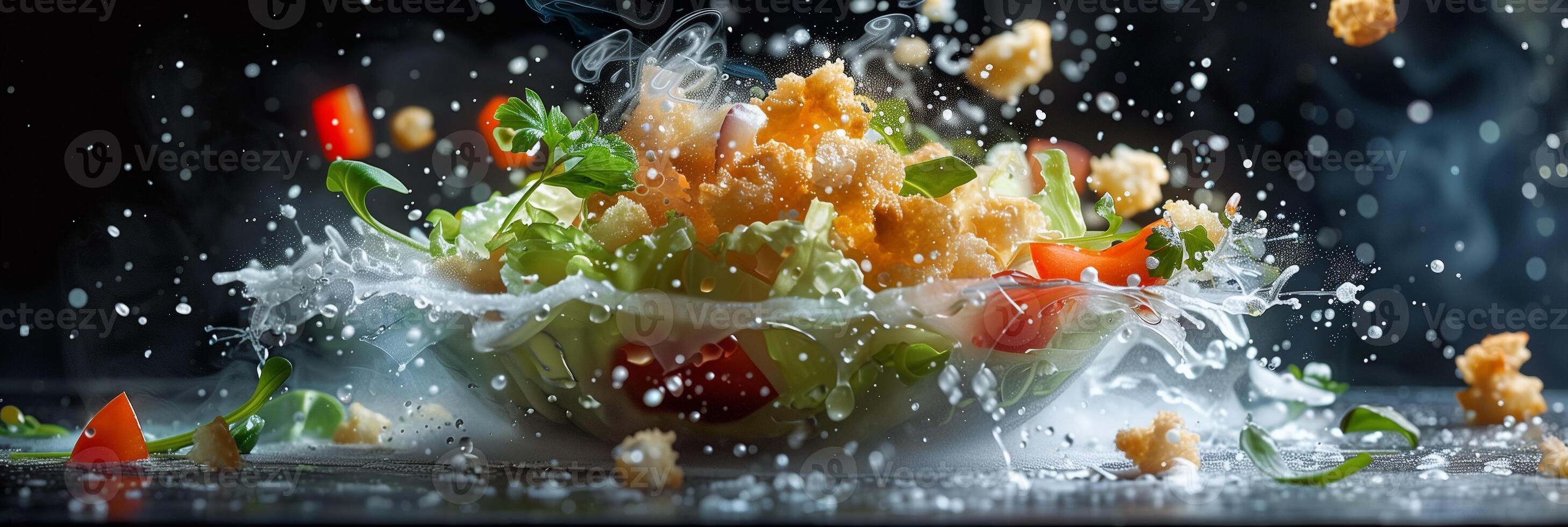 Floating Caesar salad, cinematic food photography, studio lighting, intricate details, photo