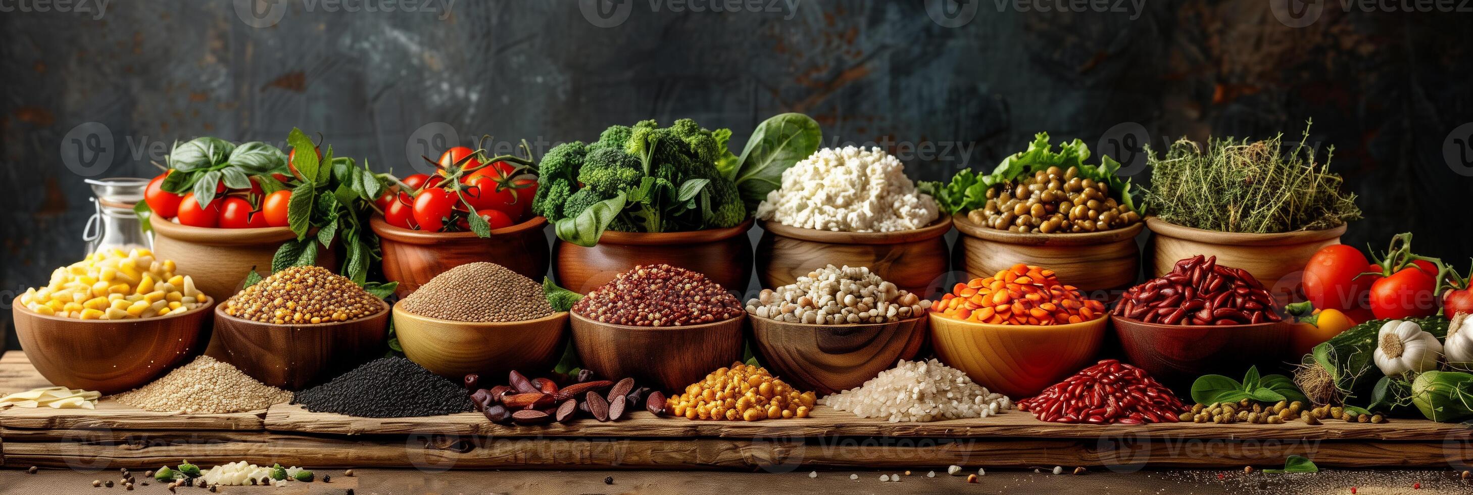 Different types of vegetables and grains on a wooden plank, nature background, photography photo