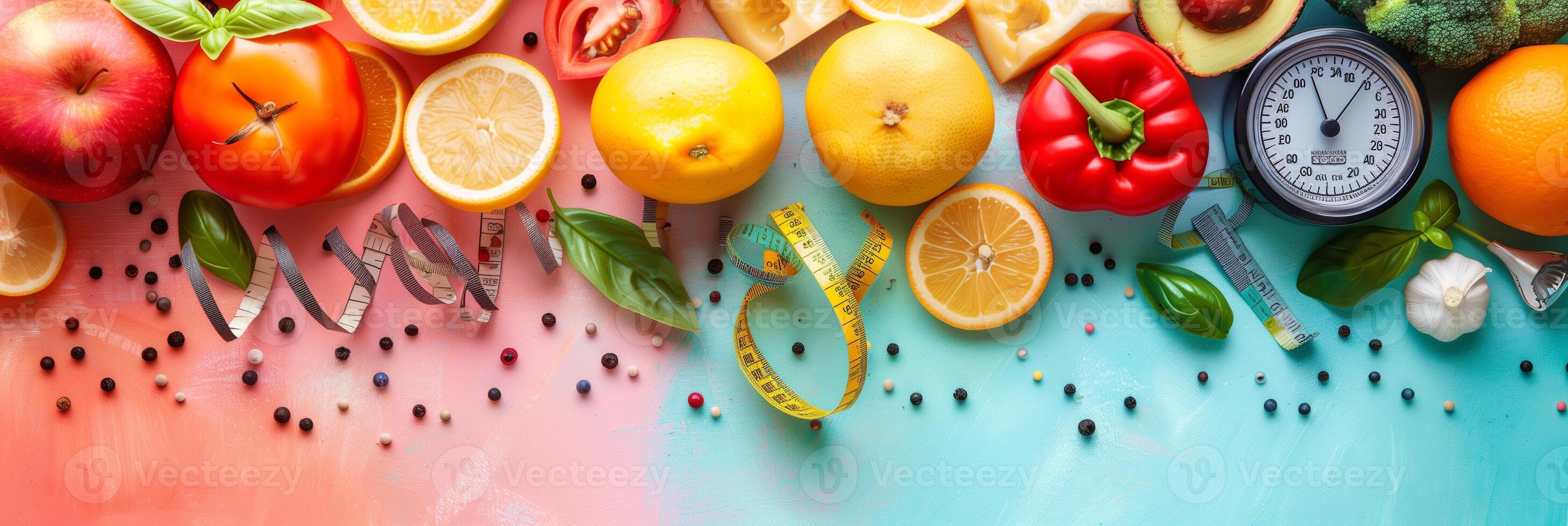 Diet program backdrop featuring a food scale, tape measure, and ruler, photography photo