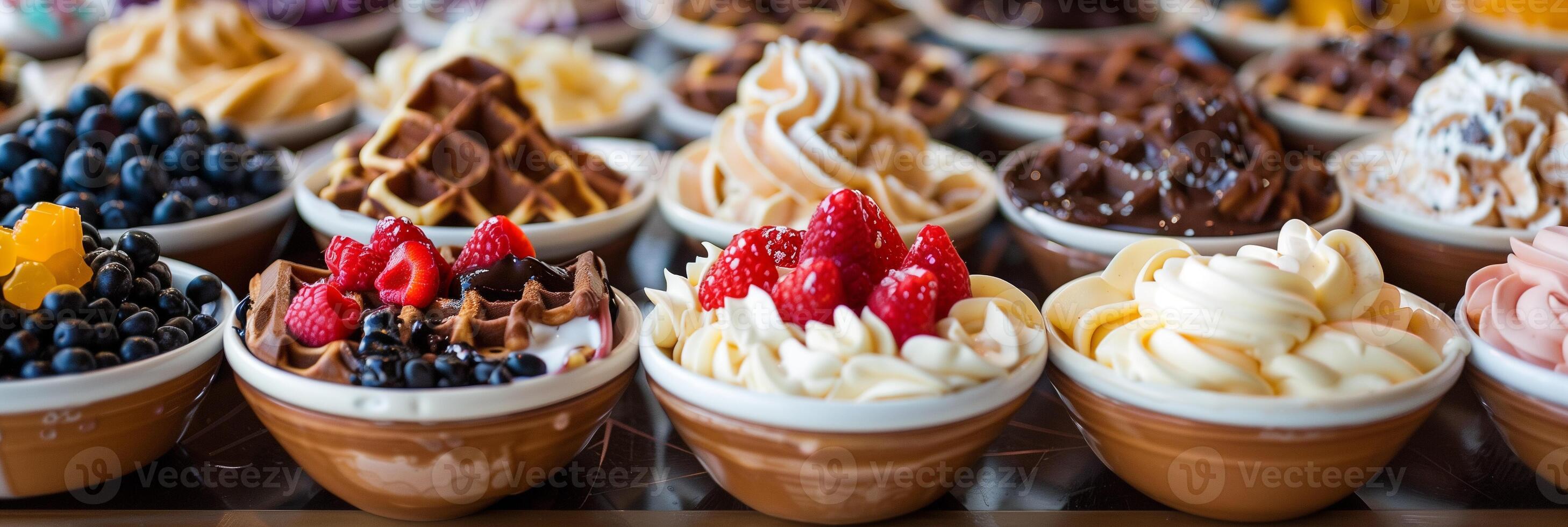 DIY dessert bar featuring build-your-own Belgian waffle sundaes, photography photo
