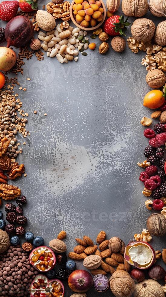Dry fruits around the perimeter with empty space in the middle, photorealistic photo