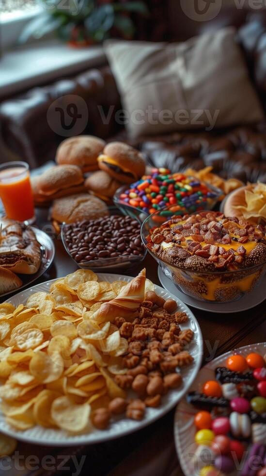 Eating various junk food on a couch, including chips, candy, pastries, soda, juice, photography photo