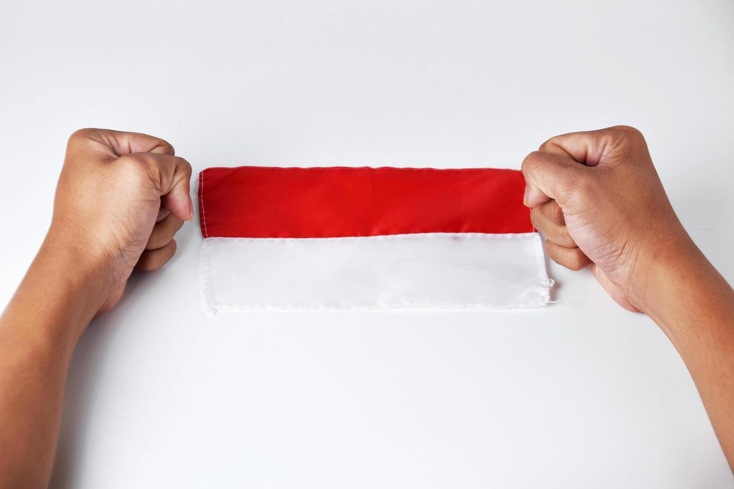 Hands enthusiastically show the red and white flag photo