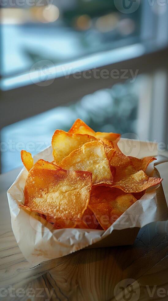 Packet of snacks on a clean, bright table, photorealistic photo