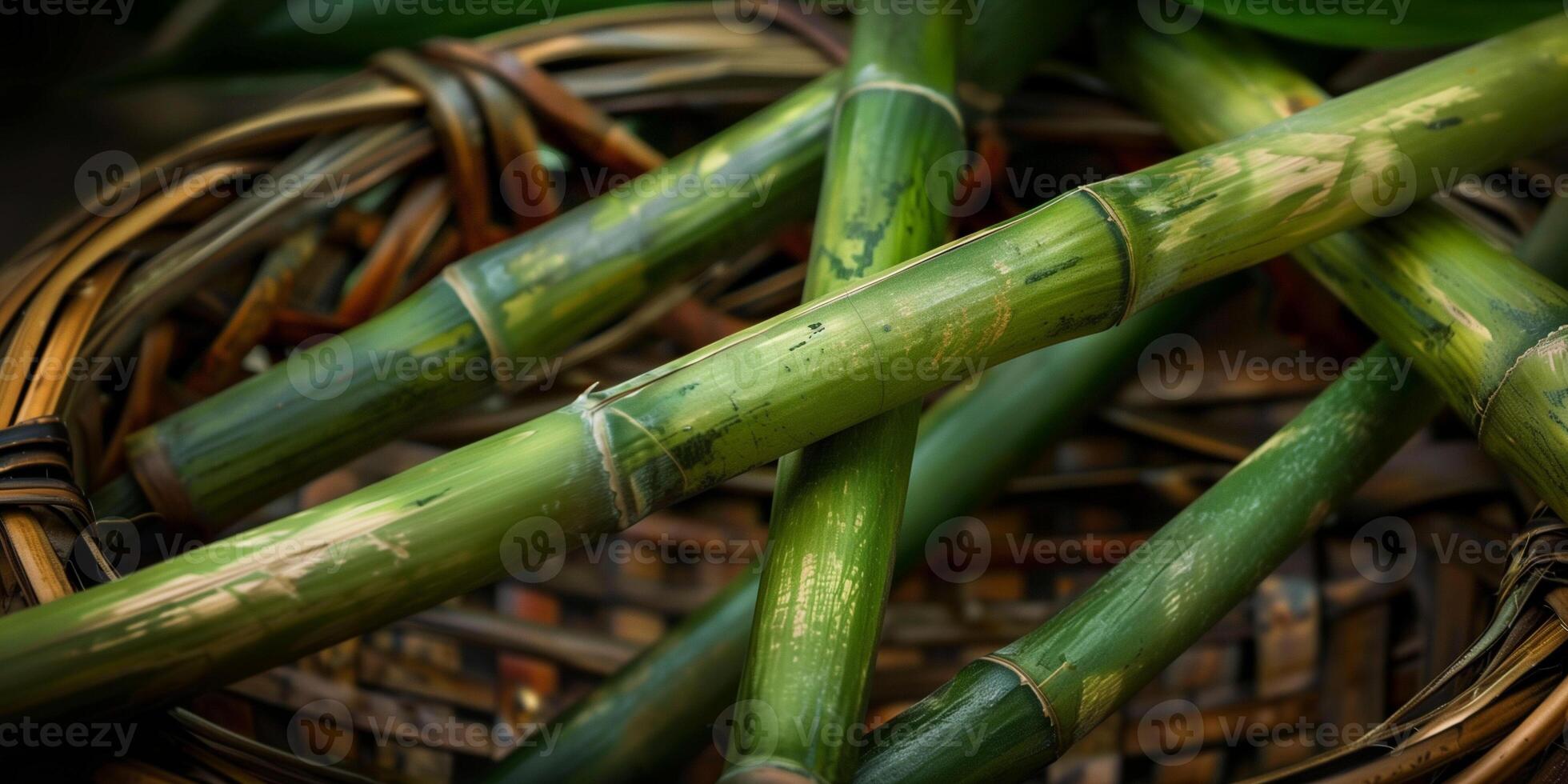 Elegant grouping of narrow bamboo shoots intersecting in a circular woven basket, photo