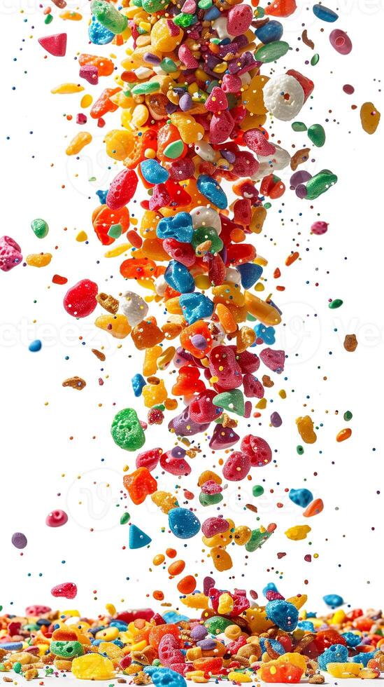 Exploding fruity pebbles cereal with individual pieces floating in white space, depth of field, isolated white background, photo