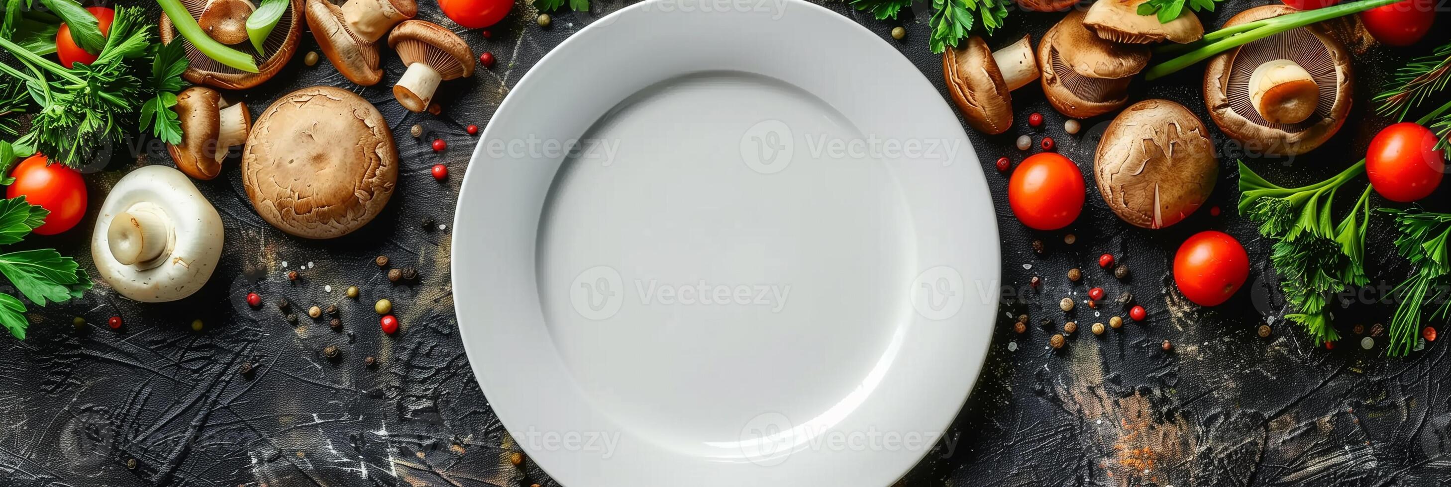 Empty plate with champignons, porcini mushrooms, cheese, and green onions, photography photo