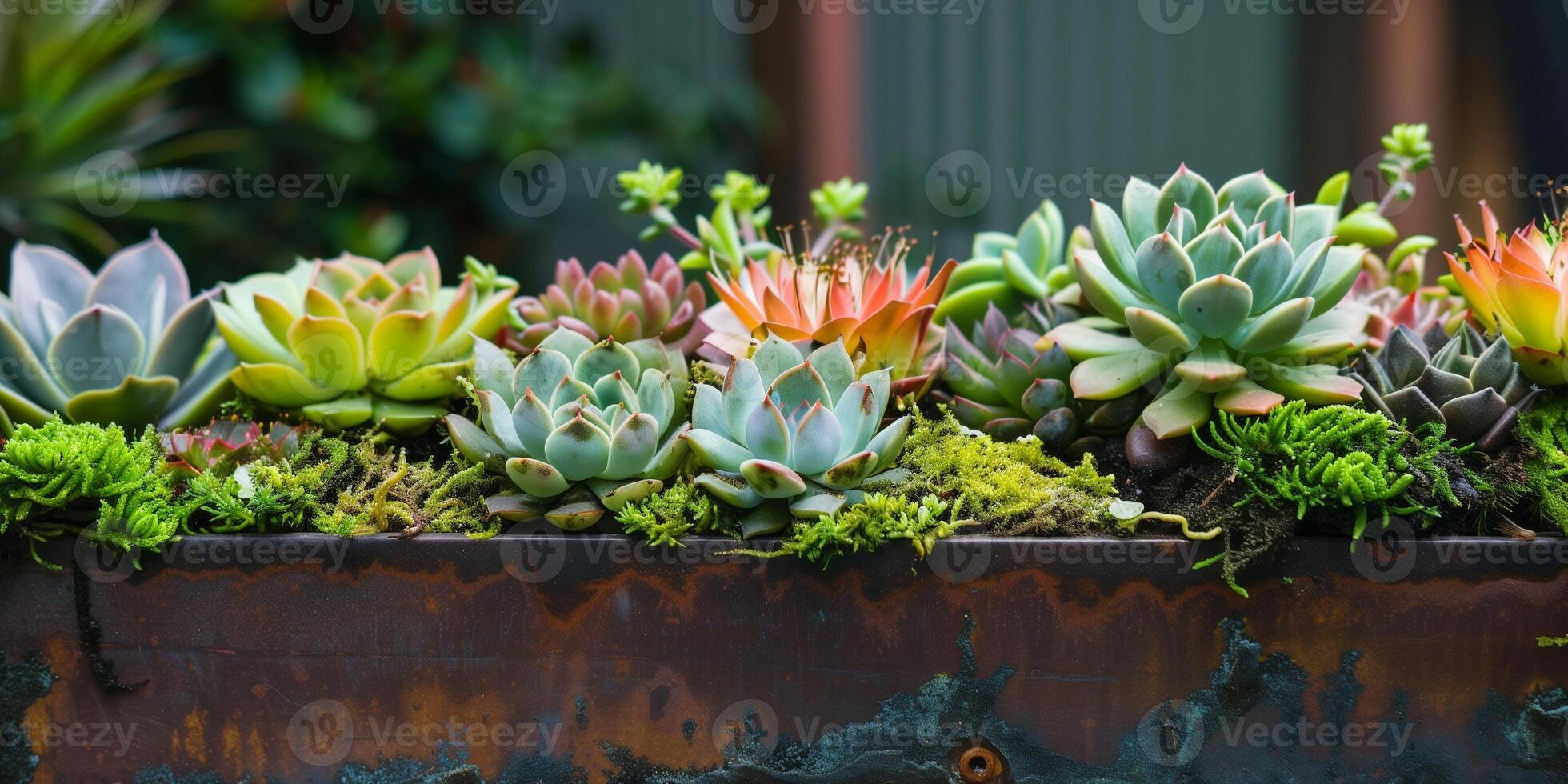 Elongated, metallic trough displaying an array of succulents and moss, photography photo